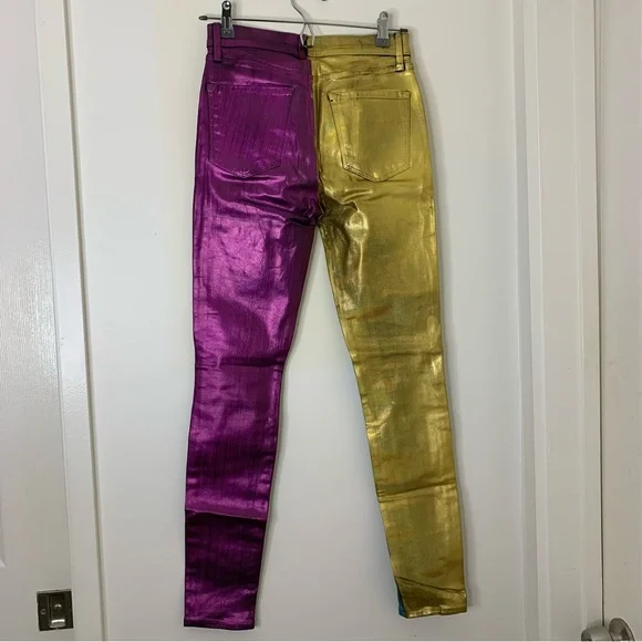 Rare J BRAND Metallic Foil Colorblock Aqua/Lime/Purple/Gold Skinny Jeans size 26